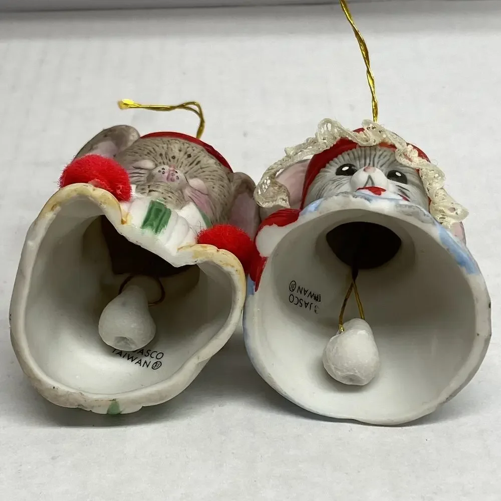 2 Lil Chimers Mice Mouse Bells Ornaments Vintage Shelf Sitters Christmas Decor